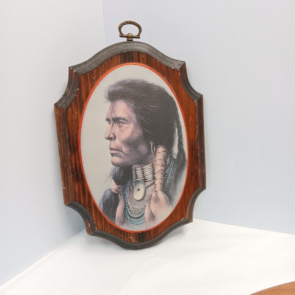 Vintage Beaded Glass Wall Hanging Art Plaque Native American Man Chief 7"x5.5"
